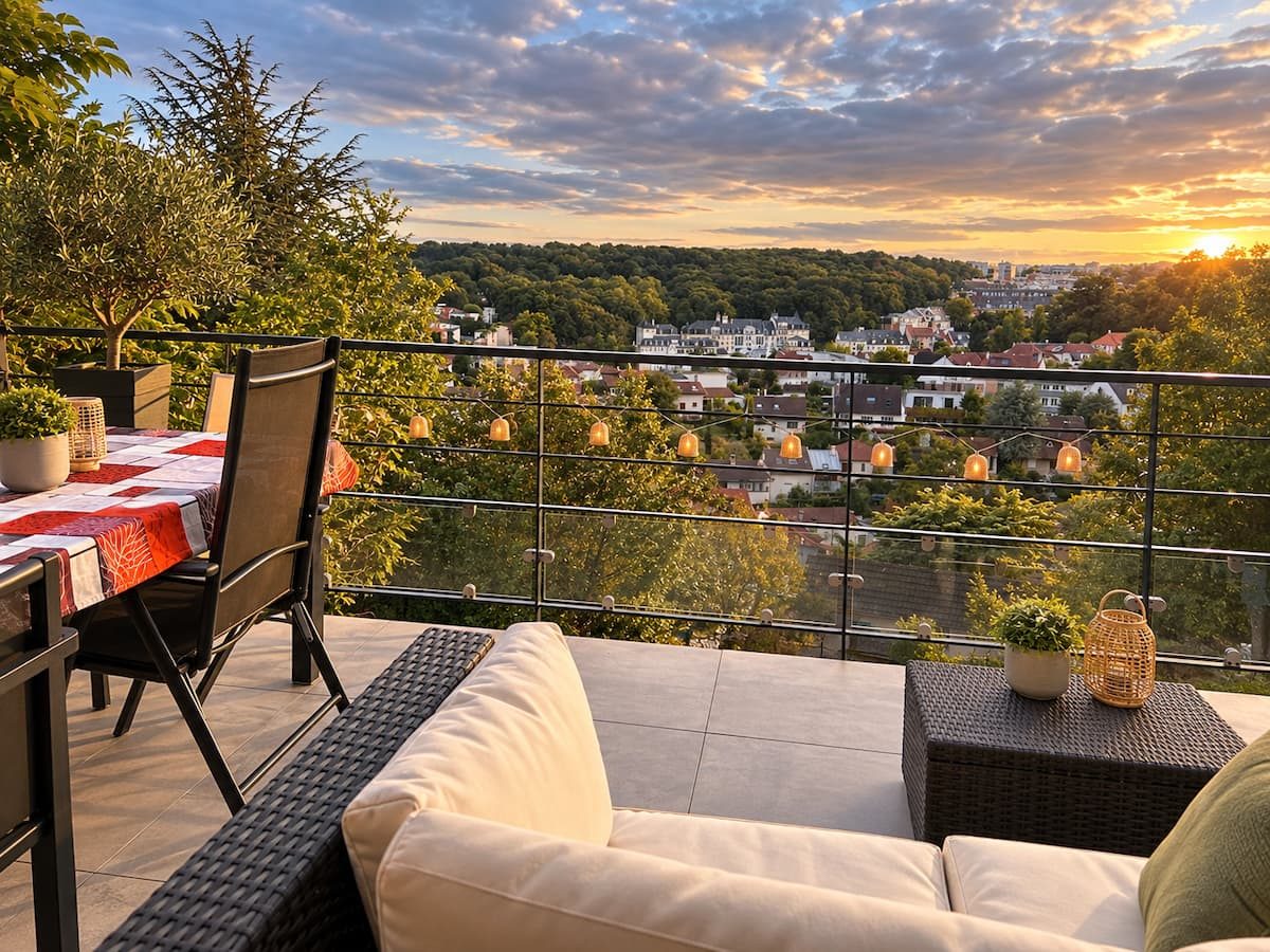 Balcon panoramique de la maison au coucher du soleil, vue sur la vallée